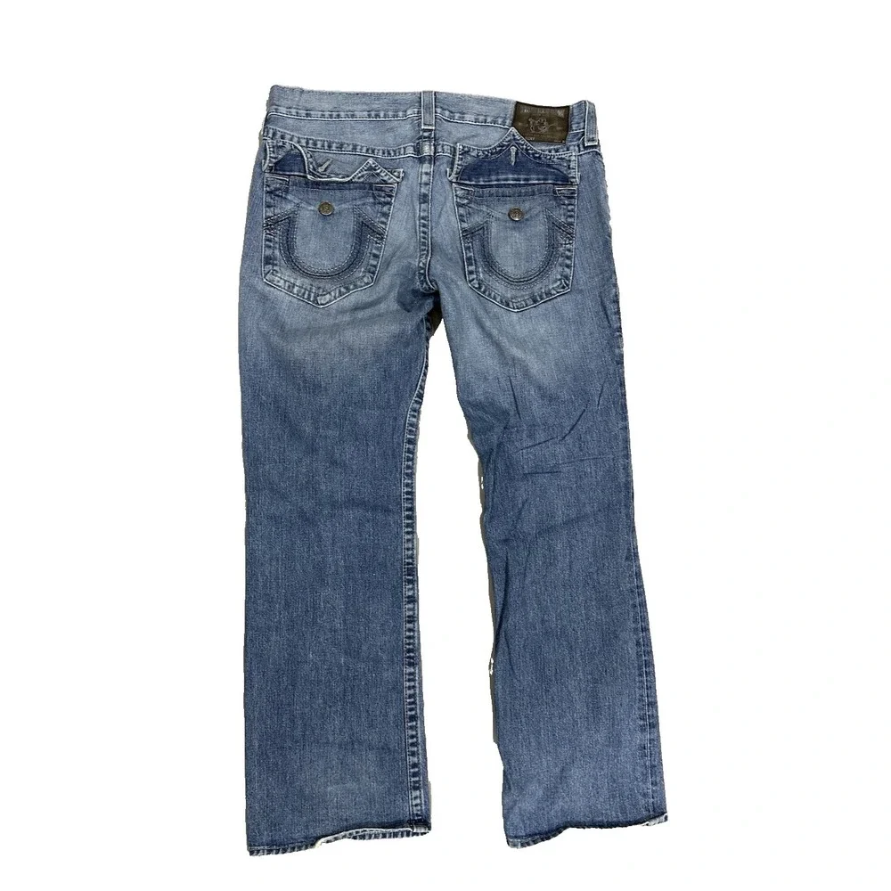 True Religion Mens Blue Jeans Size 38 x 32 Thick Stitch Flap Pockets
